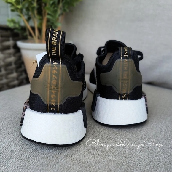 Women's Bling Adidas NMD R1 Leopard Print Black Shoes made with Crystals - Picture 4 of 8
